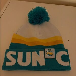 Kids Pom-Pom Beanie - Teal, Yellow, and White